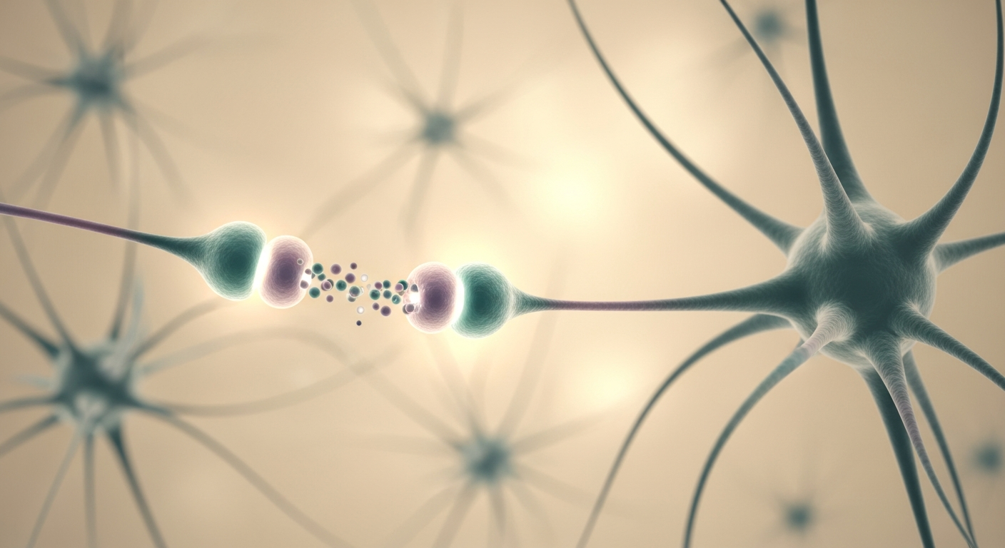 Ilustración conceptual de una red de neuronas conectadas, con una sinapsis destacada donde pequeñas moléculas cruzan el espacio entre dos células nerviosas.