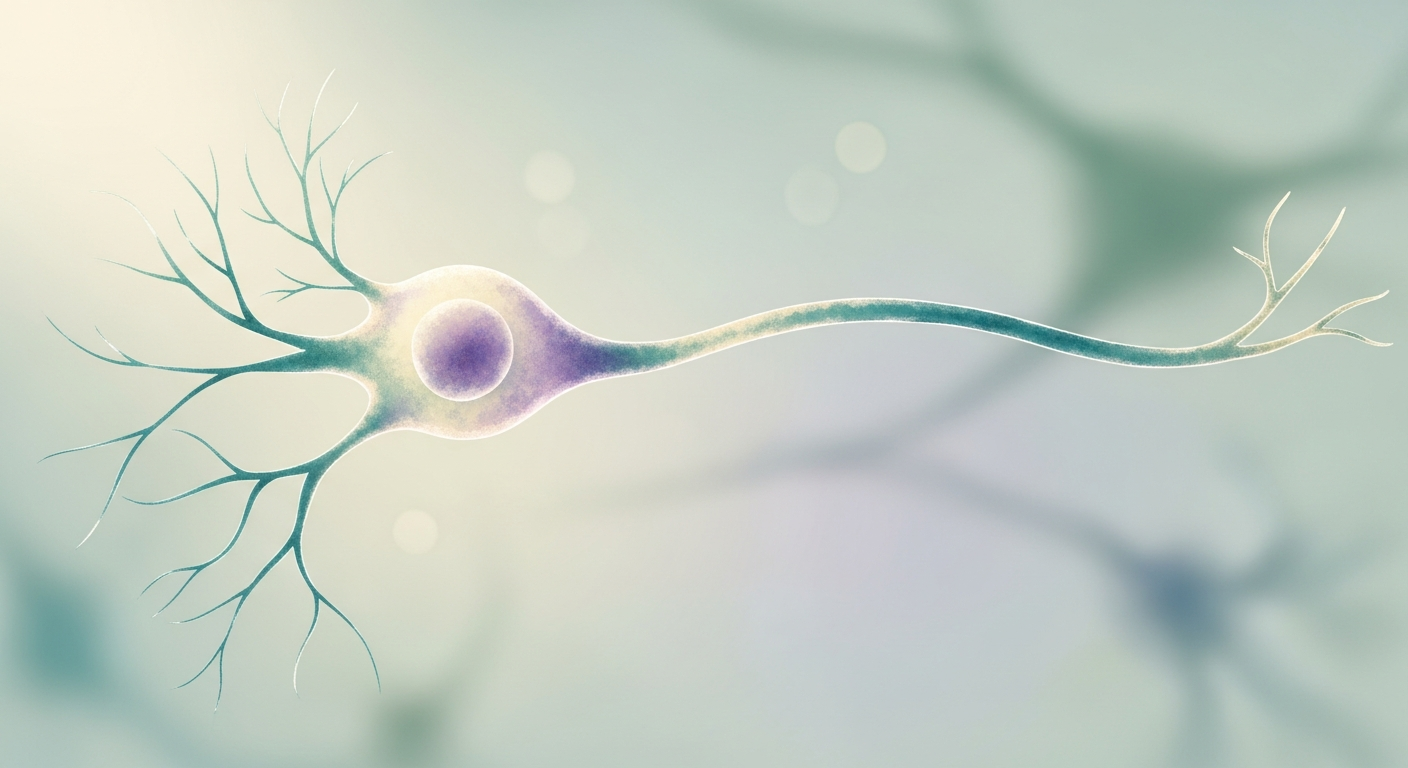 Ilustración de una neurona con su cuerpo celular ramificado y un largo axón que se extiende hacia la derecha, sobre un fondo suave en tonos pastel.