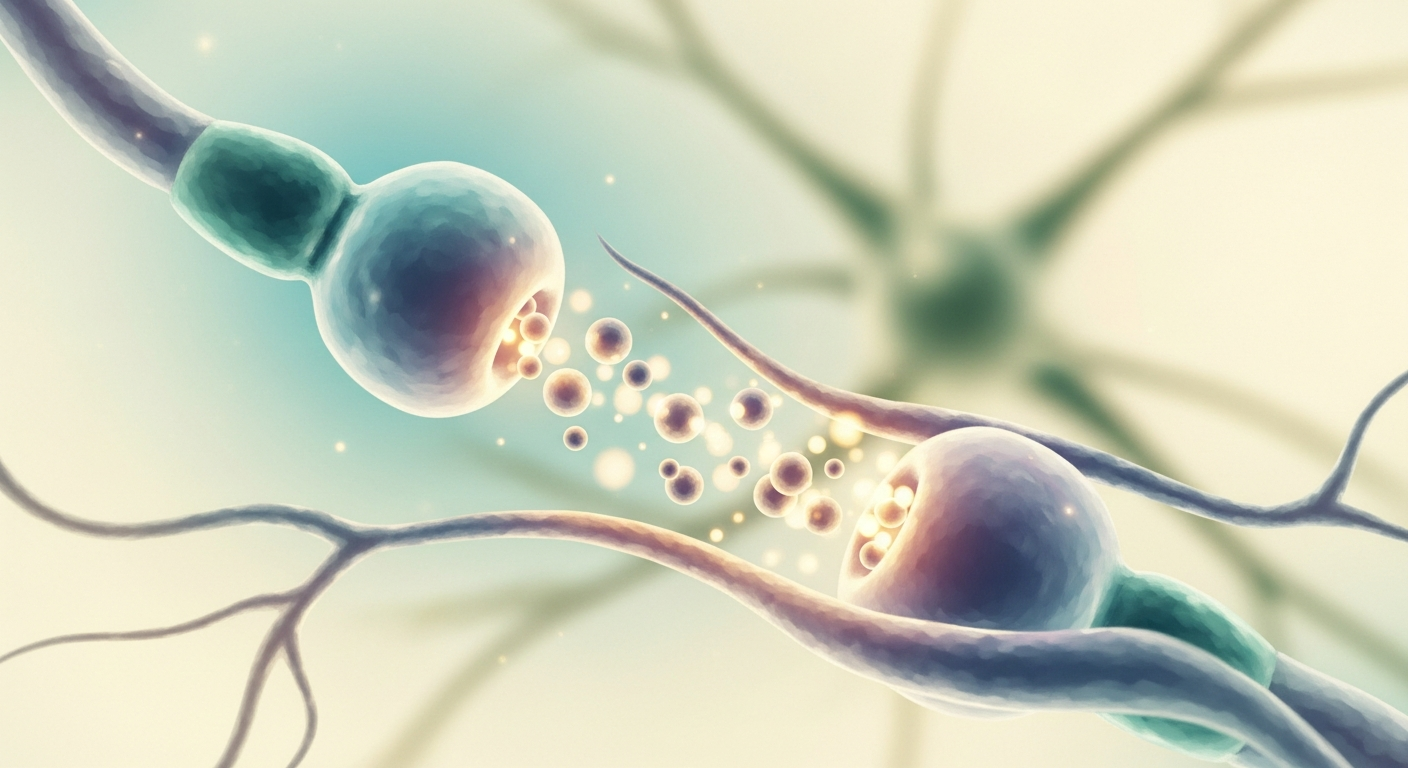 Ilustración de la terminal de una neurona liberando pequeñas esferas de neurotransmisor que cruzan un estrecho espacio hacia la membrana de la neurona siguiente.