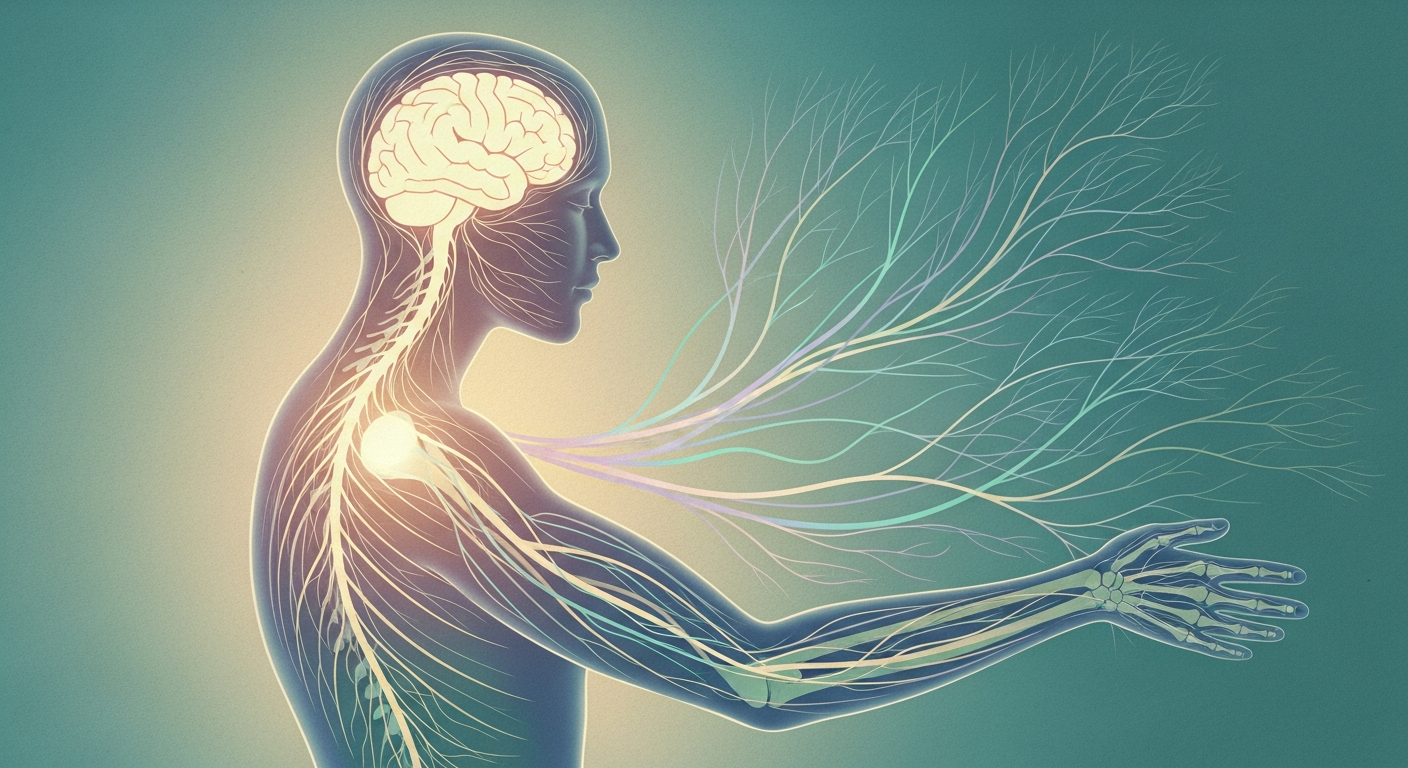 Ilustración de una silueta humana con el encéfalo y la médula espinal iluminados en el centro y una red de nervios ramificándose hacia todo el cuerpo.