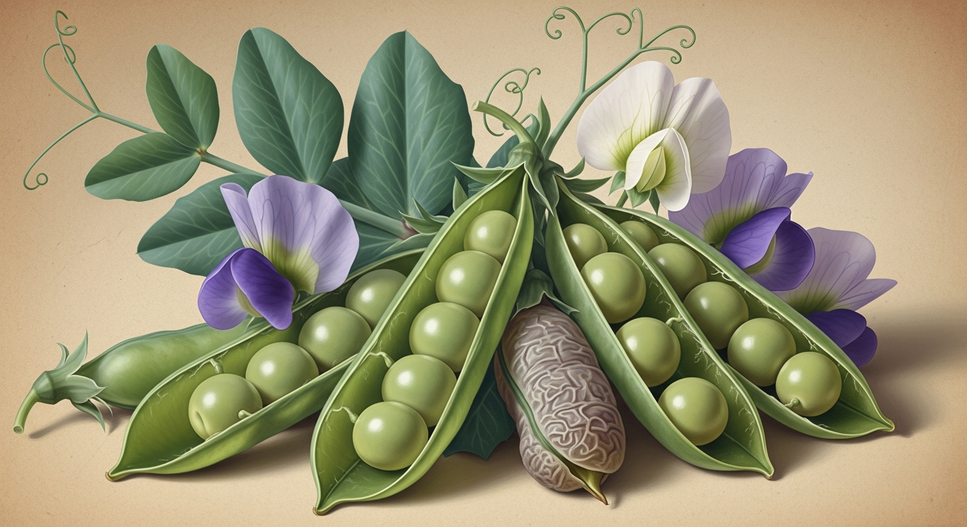 Vainas de arveja abiertas mostrando semillas lisas y rugosas junto a flores blancas y violetas, en un huerto de tonos pastel.