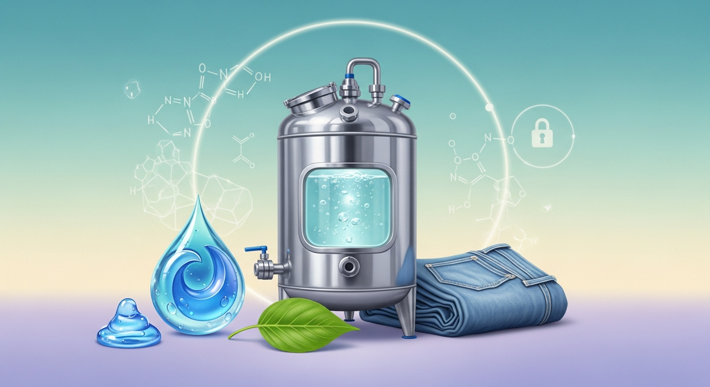 Ilustración editorial de un biorreactor de acero con burbujas y una gota de detergente junto a un par de jeans y una hoja, en tonos pastel teal y lavanda.