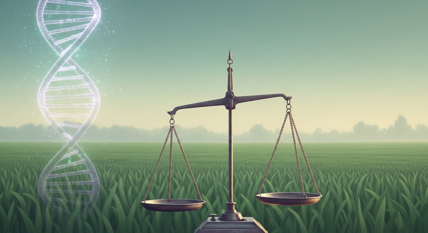 Una balanza de dos platillos sobre un campo de cultivo y una espiral de ADN al fondo, en tonos pastel, simbolizando la evaluación de riesgos y beneficios de la manipulación genética.