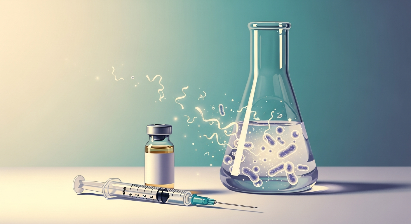 Ilustración editorial de un frasco de insulina y una jeringa junto a un matraz de cultivo con bacterias, en tonos pastel teal y lavanda, evocando la producción biotecnológica de fármacos.
