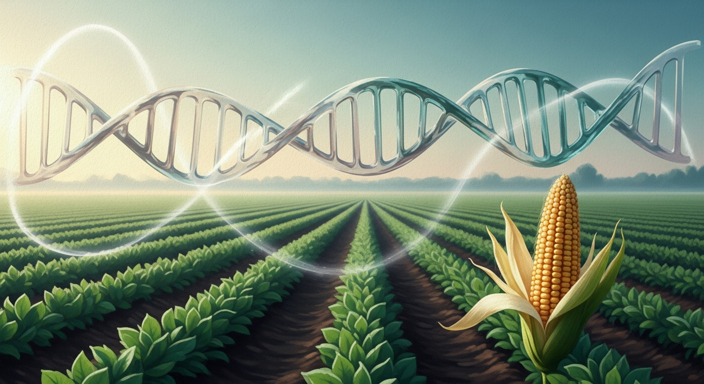 Campo de cultivo iluminado al amanecer con una mazorca de maíz y una hebra de ADN entrelazándose de forma abstracta sobre las hileras de plantas.